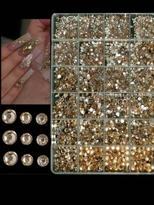 24-Compartment Set Of Champagne Gold Flat Round Rhinestones, Includes 6 Sizes (1.5-4.8mm) Rhinestones, Tweezers And Pickup Pen, Suitable For Nail Art And Eye Makeup (Gold Series) - Brown - View 2