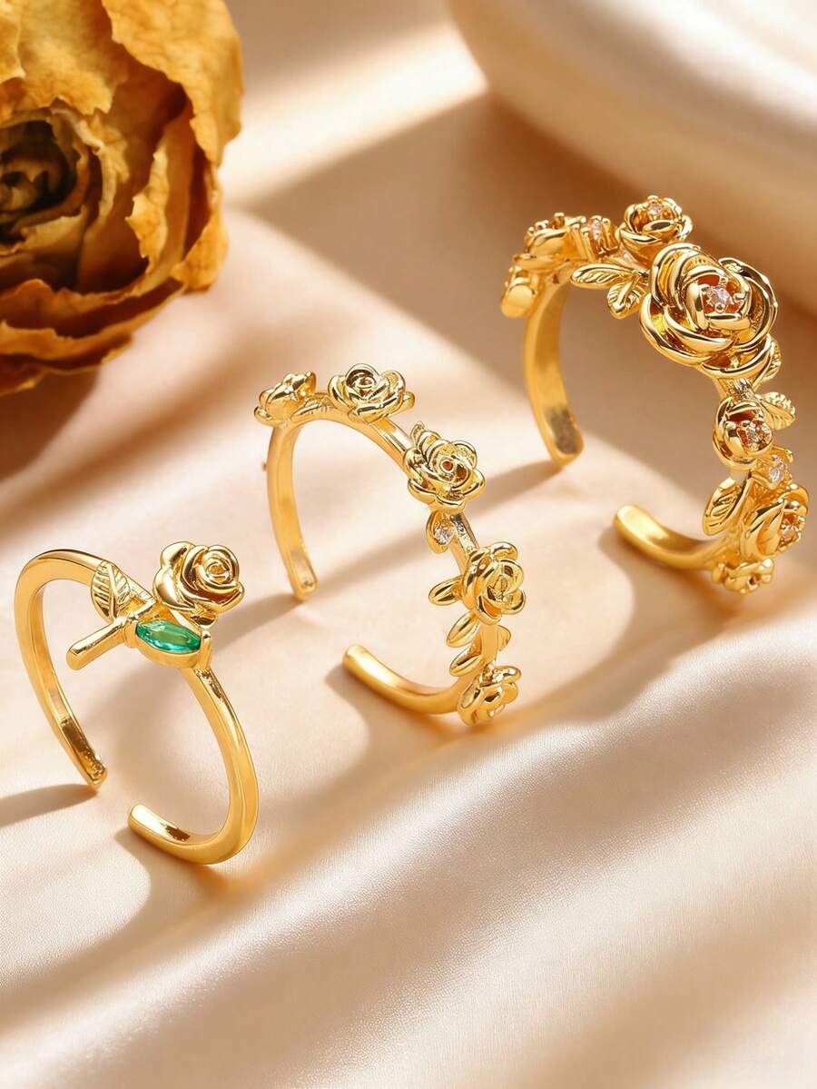 Juego de 3 anillos elegantes y lujosos con flores de rosa de cobre y rhinestones, diseño floral 3D, anillos ajustables para mujeres, adecuados para uso diario, fiestas, citas, vacaciones, playa, regalo para amigos, familia, parejas, diseño de joyería original