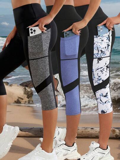 Bộ 3 quần yoga cạp cao có túi, phối màu độc đáo, ôm sát, giúp định hình vòng bụng, thích hợp cho nữ tập luyện.