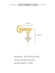 1Pc 925 Sterling Silver Gold Plated Four Leaf Clover Dangle Flat Back Piercing Earring, Fashion Minimalist Design, Low Allergy, Women Girls Daily Wear, Mother's Day Wedding Party Gift - Gold - View 6
