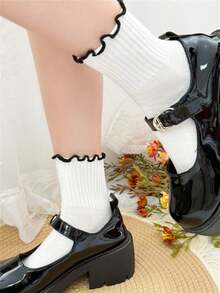 1/2 paires de chaussettes mi-mollet polyvalentes pour le printemps/été, style fille minimaliste avec bordure à volants et couleurs contrastées - Multicolore - Voir 2