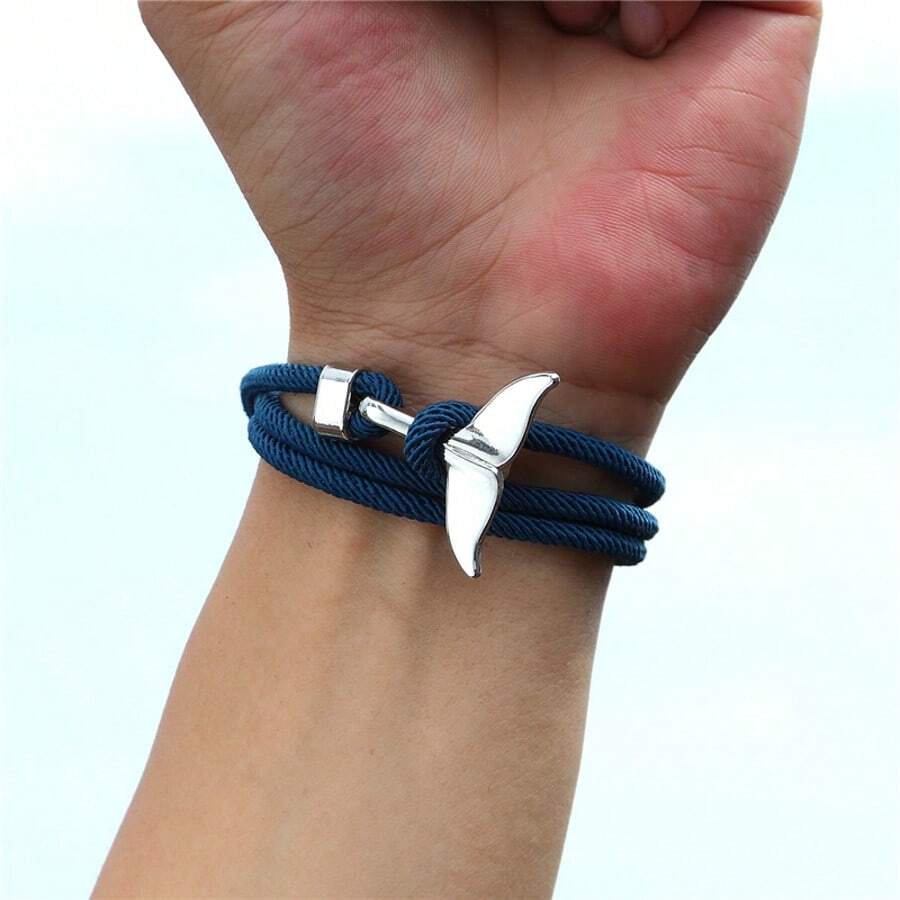 1 chiếc vòng tay dây bện thủ công hình đuôi cá voi màu bạc kiểu đại dương, nhiều lớp có thể điều chỉnh, phụ kiện tối giản dành cho cặp đôi, phù hợp cho cả nam và nữ. - kiểu đuôi cá - Xem 1