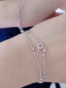 GAGAFEEL 1pc 925 Sterling Silver Fashionable & Elegant Geometric Double Circle Cubic Zirconia Chain Bracelet, Everyday Wear & Friendship Party Gift For Women - Silver - View 3