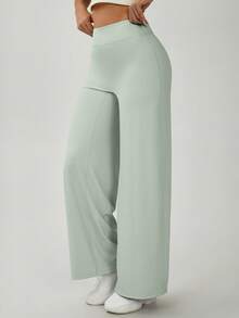 NcmRyu 1pc Women Solid Color Loose Fit High Waist Wide Leg Sports Pants - Green - View 6