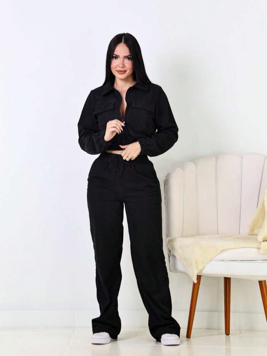 Women's Corduroy Velvet Set With Jacket And Pants - Comfort And Style - 黑色 - 查看 1