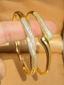 18K Gold Plated Twisted Curved Zirconia Stackable Bracelet Set, Fade-Resistant Adjustable Gold Bracelet, Elegant Women's Jewelry, Suitable For Daily Wear, Wedding - Multicolor - View 3