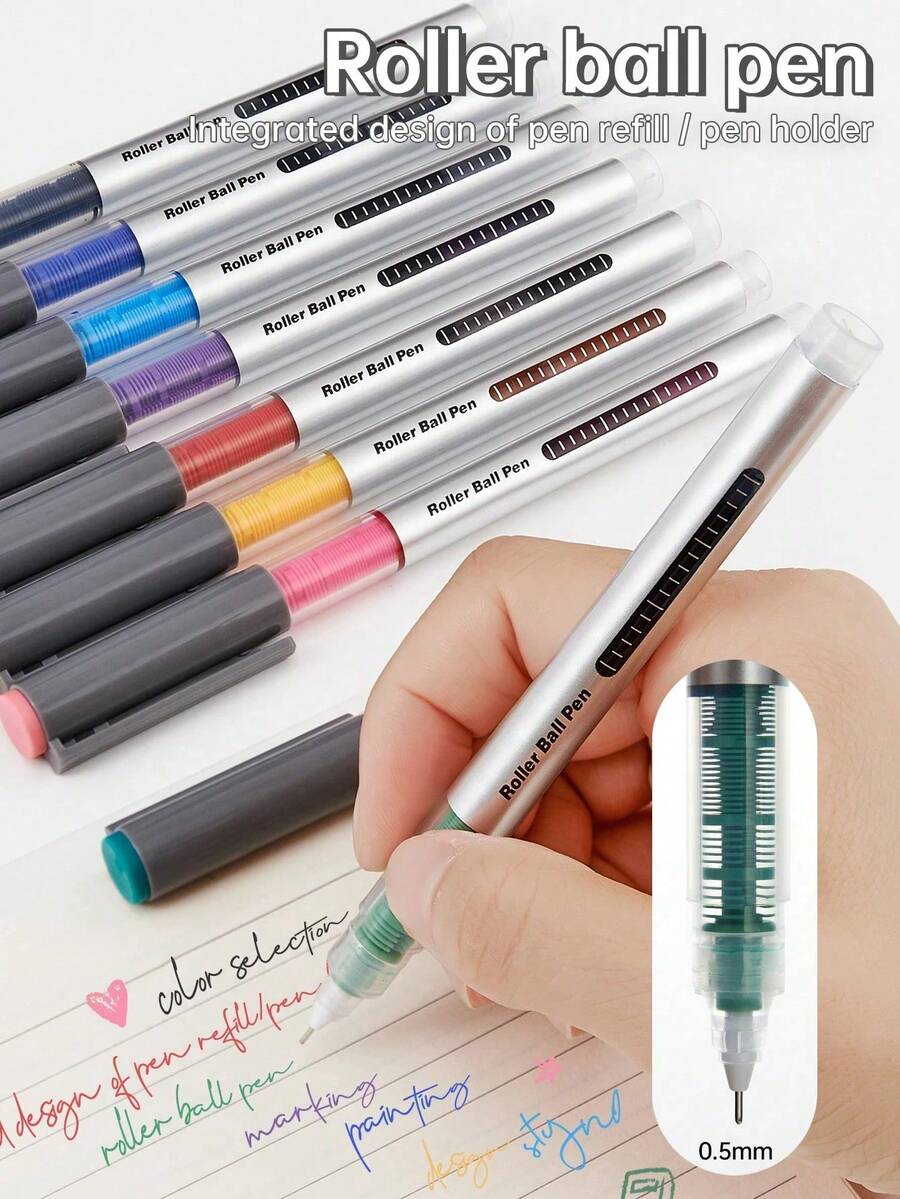 8 Sets Of 8-Color Straight Liquid Ballpoint Pens, Needle Tube Type Neutral Pens, Water-Based Painting Pens, Multi-Color Hand Account Pens, 0.5mm Large Capacity Quick Drying Pens, Key Markers For Office Students - Multicolor - View 1
