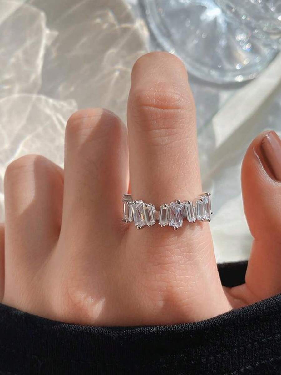 1pc Minimalist Geometric Rhinestone Inlaid Adjustable Open Ring, Elegant Luxury Fashion Versatile Jewelry, Suitable For Daily Wear, Dates, Weddings, A Gift For Her - Silver - View 1
