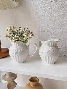 1pc Minimalist European Retro Embossed Ceramic Vase, Suitable For Living Room Decor, White Milk Can Shaped Decorative Item, Birthday/Graduation Gift - Multiple Styles - View 4