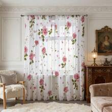 2 Stücke rosa Rosen Vorhänge, mit rosa Rosen und grünen Ranken Mustern in Blütenblatt-ähnlichem Design, 2D bedrucktes halbtransparentes Polyestermaterial, geeignet für Wohnzimmer/Schlafzimmer, mit Gardinenstangen-Schlaufe für romantischen Stil - 2pcs - Übersicht 13