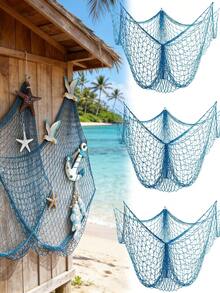 1pc Fishing Net Decor, Suitable For Parties, Starfish & Shell Fishing Net Decoration, Natural Cotton Fishing Net Wall Decor, Hawaiian Party Fishing Net Decor, Fishing Net Party Supplies And Ocean Theme Wall Decoration, Suitable For Hawaiian, Party, Home Decor And Boho Style Decoration - Blue - View 2