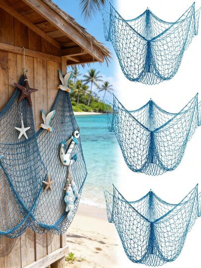 1件装 - 派对渔网装饰，海星贝壳渔网装饰，天然渔网墙饰，棉质夏威夷派对渔网装饰，渔网派对配件和海洋主题墙饰，适用于夏威夷装饰、派对墙饰、家居装饰和波西米亚风格装饰