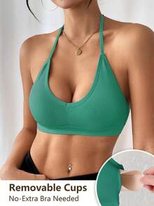 LianShengFa 1 pieza Sujetador deportivo sin costuras acanalado sin espalda con cuello en V, elasticidad media, acolchado extraíble, top de fitness, sujetador de yoga suave, cómodo y transpirable - Verde - Ver 3