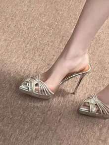 10cm Sandalias de tacón alto puntiagudo de PVC transparente con rhinestones, nuevas para el verano 2026, zapatos sin respaldo para bodas y fiestas para mujeres - Plateado - Ver 2