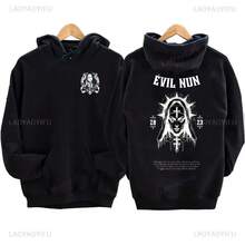 Nuevas  de moda de la temporada: Sudadera con capucha de forro polar con estampado de monja de hip-hop de The Bad Nun Satan Street, estilo Harajuku, informal, de manga larga, para otoño e invierno, para hombres antisociales. - negro -1 - Ver 10