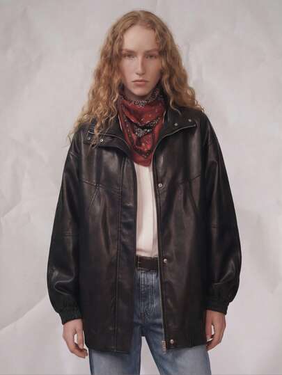 OUTTA BOX 超大拉链口袋长袖翻领PU休闲夹克，时尚优雅老爹风，适合居家、聚会、日常穿着，春秋季、母亲节皆宜。