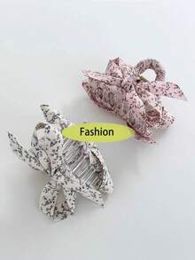 1pc New Floral Fabric Bow Hair Clip, Retro Countryside Style Bow Clip For Elegant Elegant, Large Size Claw Clip Summer Outfits Hair Clips Beach Accessories Beach Hair Claws - Multicolor - View 4