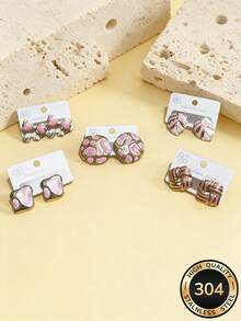 Pendientes de mujer de acero inoxidable - Diseño geométrico de flor, lazo y piedra, hipoalergénicos, resistentes a la decoloración, antioxidantes, joyería minimalista elegante para uso diario, fiestas, regalos, cumpleaños y festividades - Multicolor - Ver 5
