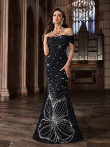 QOQ Women Off Shoulder Satin Mermaid Evening Gown Rhinestone Floral Pattern Formal Maxi Dress For Wedding Guest Prom Gala Banquet Party Cocktail - Black - View 1