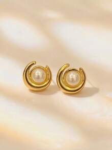 Pendientes de perla de acero inoxidable estilo minimalista para mujer, con diseño de perla curva dorada. Estos pendientes son perfectos para uso diario, ya sea para el trabajo, compras, citas, vacaciones en la playa o vida nocturna. También son un excelente regalo para mamá, amigas o novias. - Multicolor - Ver 2