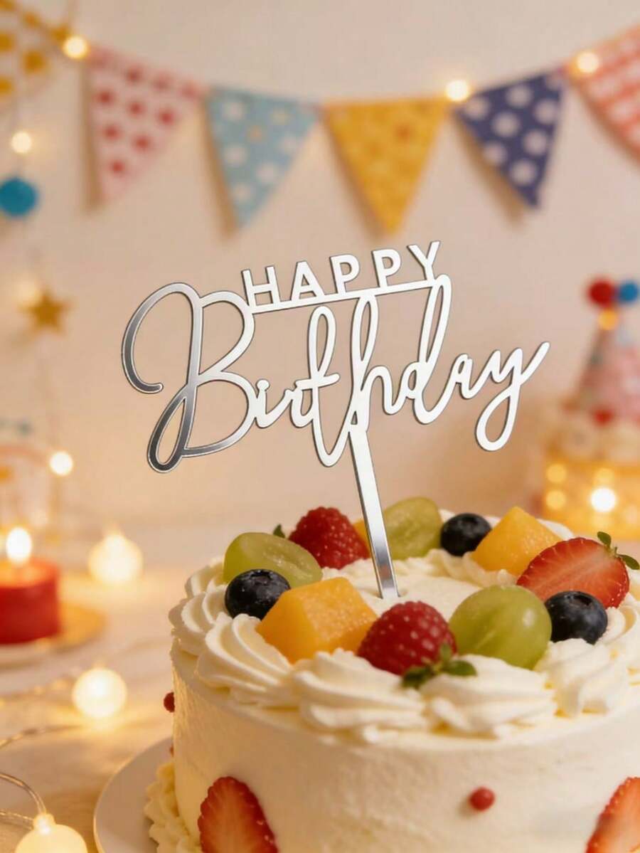 1个银色“生日快乐”蛋糕装饰插牌,亚克力字母蛋糕装饰,生日派对蛋糕配件,烘焙用品,厨房装饰,必备蛋糕装饰用品,适合节日礼物和派对装饰 - styleE - 查看 1