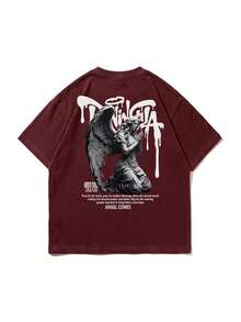 Zrgoth Men's Casual Versatile Minimalist Angel Sculpture Dark Portrait Print Element Short Sleeve T-Shirt - Burgundy - View 4