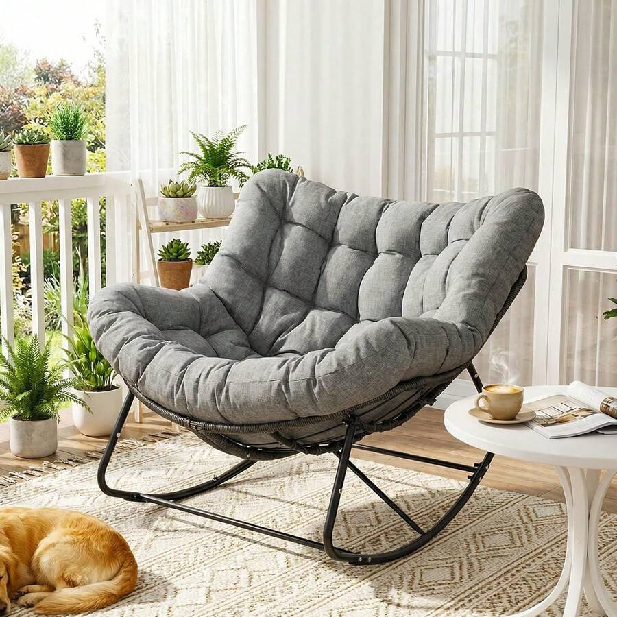 Rattan Rocking Chair, Egg-Shaped Rocking Chair, Oversized Rocking Armchair With Thick Removable Cushion And Metal Frame, Load Capacity Of 150kg, Lounge Chair For Garden, Balcony, Living Room - Gray Rattan + Dark Gray Mat - View 1