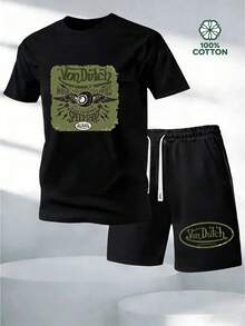 Y2K Retro Men's Two Piece Outfit, Classic VonDutch Style Logo Print Casual T Shirt And Shorts Set.Graphic T Shirt.Mens Clothes.Shorts.Men 2 Piece Set.Cotton Graphic Tees.Graphic Tees.Summer Clothes.Conjunto Para Hombre.Men's.Men Clothes.Mens.Men Two Piece Set.Ropa Para Hombre.Hombres Ropa.Man Clothes.Men Clothing - 黑色4 - 查看 1