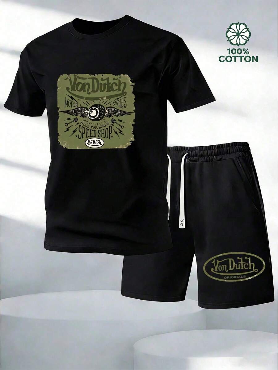 Y2K Retro Men's Two Piece Outfit, Classic VonDutch Style Logo Print Casual T Shirt And Shorts Set.Graphic T Shirt.Mens Clothes.Shorts.Men 2 Piece Set.Cotton Graphic Tees.Graphic Tees.Summer Clothes.Conjunto Para Hombre.Men's.Men Clothes.Mens.Men Two Piece Set.Ropa Para Hombre.Hombres Ropa.Man Clothes.Men Clothing - 黑色4 - 查看 1