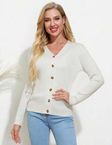 Women's Long Sleeve Button Up Cardigan Sweaters Ribbed Knit Open Front Casual - White - View 1
