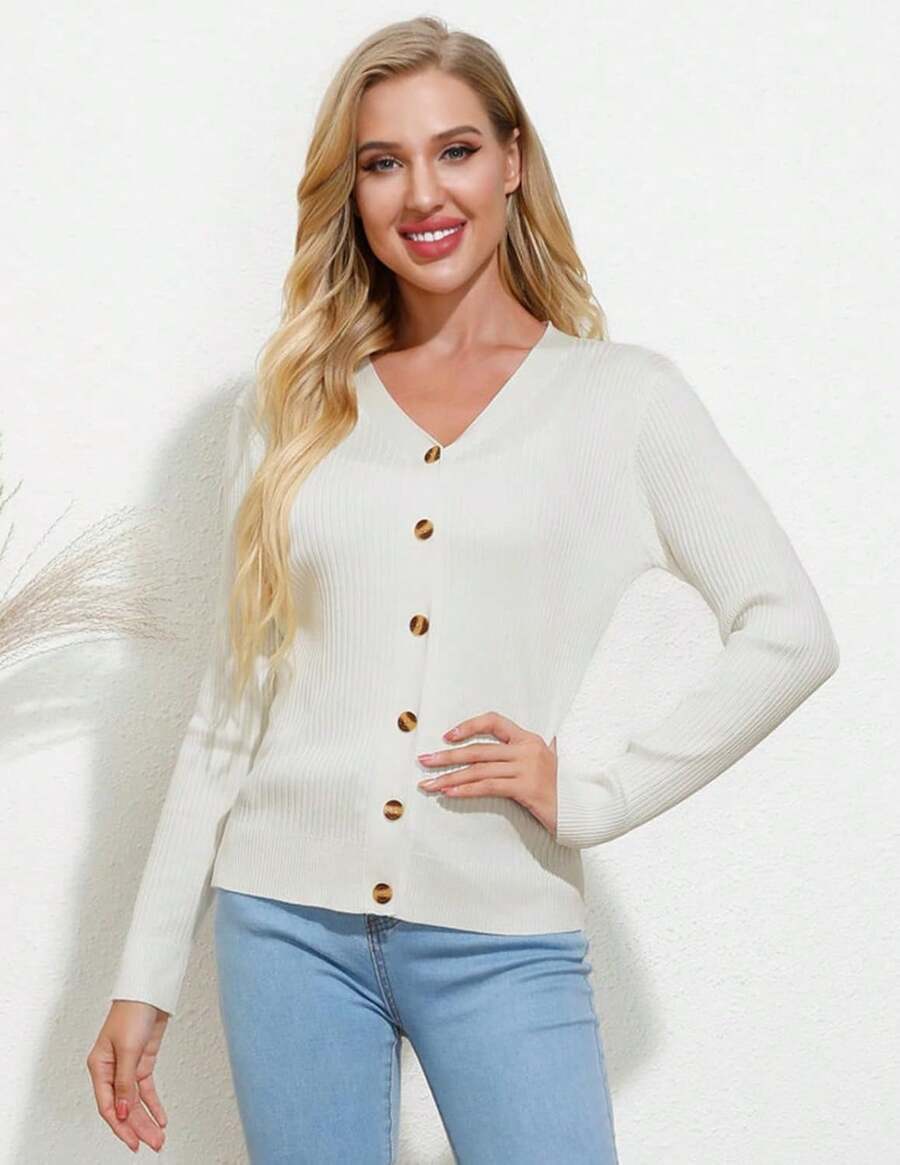 Women's Long Sleeve Button Up Cardigan Sweaters Ribbed Knit Open Front Casual - White - View 1