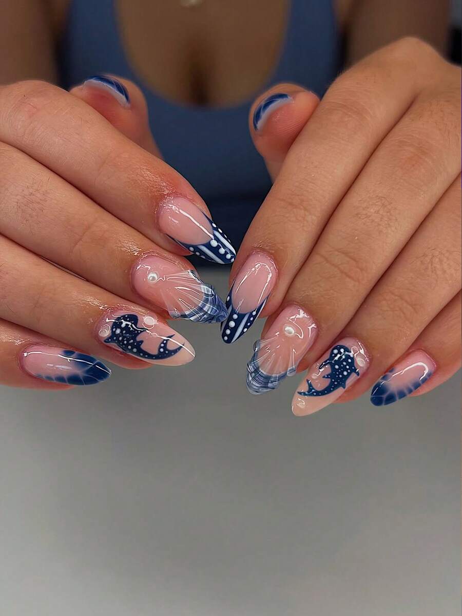 24片/套 法式杏仁形海洋风3D珍珠立体水滴鲸鱼美甲贴片套装，包含1片果冻胶和1把指甲锉，非常适合女性和女孩度假、约会和日常佩戴。 - 彩色 - 查看 1