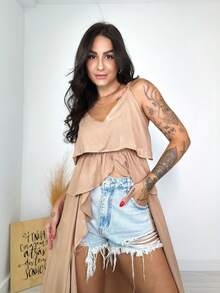 Bata Túnica Babado Alongada Alcinha Boho Chic - Bege - Visão 4