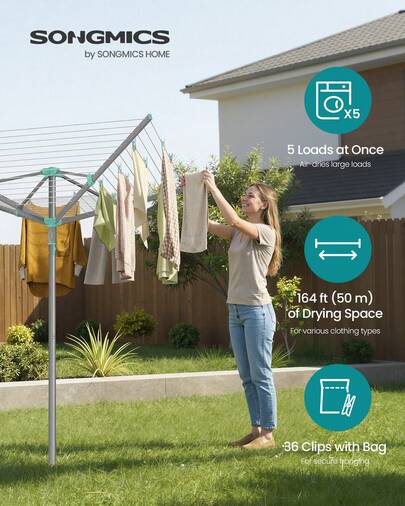 SONGMICS Umbrella Clothesline, Rotary Washing Line, Foldable Heavy-Duty Outdoor Clothes Drying Rack With Clips, Cover, Ground Anchor, 164 Ft (50 M) Long For 5 Loads Of Laundry