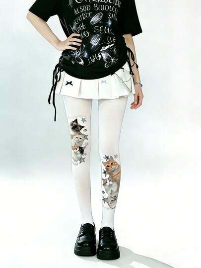 1双女士天鹅绒猫咪印花连裤袜，新颖独特，舒适时尚，适合日常穿着、通勤、节日派对和外出活动。