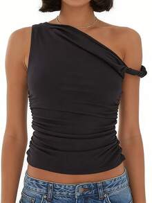 Women's Stylish Black Asymmetrical Neck Cold Shoulder Ruched Cropped Top, Summer Y2K Casual Blouse - Black - View 9