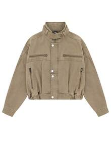 New Spring/Autumn Collection: Retro Workwear-Style Biker Jacket - Unisex, Loose-Fit, Slimming, Cropped Outerwear - 卡其色 - 查看 2