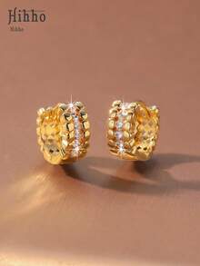 Hihho 1 Pair Double Row Zirconia Earrings, Gold/Silver Plated, European And American Luxury Style, Exquisite Metal Beads And Fully Paved Zirconia Design, Elegant Atmosphere, Suitable For Daily, Dating, Party Wear, Can Be Worn Alone Or Stacked - Beaded  Earrings - View 10