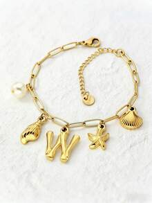 1 件 18K 镀金吊坠手链，不锈钢链式手链，贝壳字母项链，金吊坠，波西米亚海滩风格，18K 海星冲浪者珠宝礼物，Ins 风格，金手链，圣诞节，万圣节，优雅礼物 - 海洋字母手鍊 - 查看 24