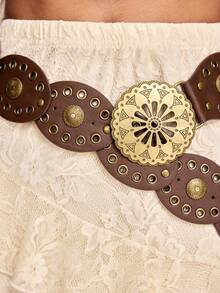 1pc Women's Hollow Flower Button Decor Brown Oval Leather Circle Metal Eyelet Buckle Belt, Bohemian Western Style, Versatile For Dress, Jeans - 1pcs - 查看 2