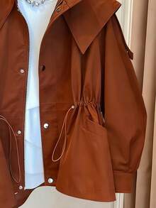 1pc Solid Color Woven Fabric Drawstring Pocket Front Button Trench Coat, Casual Spring/Autumn - Rust Brown - View 5