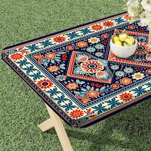 1件户外弹力桌布，波西米亚风格曼陀罗几何印花长方形桌布，带弹力边，适用于户外野餐、花园、露台、厨房和餐厅，可用作户外野餐桌罩 - A - 查看 5