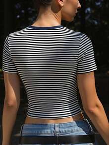 Áo thun nữ dệt kim ôm dáng kẻ sọc mới, kiểu dáng thường ngày, phù hợp cho kỳ nghỉ xuân/hè, đi làm, phong cách tối giản. - Xanh và trắng - Xem 2