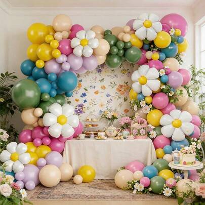 129pcs Daisy Balloon Wreath Set, Includes Daisy Foil Balloons And Latex Balloons In Pink, Purple, Yellow, Green, And Blue. Perfect For Birthday Parties, Baby Showers, Wedding Decorations, Bridal Showers, And Spring Tea Parties.