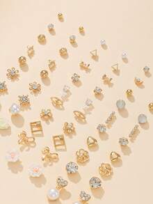 1 Set Of 60pcs Fashion Metal Butterfly Heart Rhinestone Moon Bow Flower Stud Earrings Set Holiday Gift Jewelry Women Can Wear Daily Multi-Piece Set - Yellow Gold - View 4