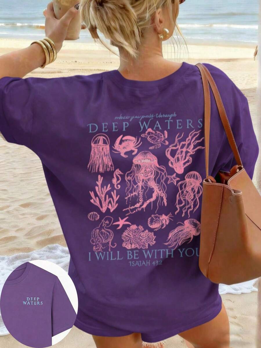 Women's Summer New Simple Cute Marine Life Print Casual Vacation Style Loose Versatile Round Neck White Short-Sleeved T-Shirt Fashionable Daily Tops Suitable For Daily Vacation Wear. Graphic Tees Women Pink Top-Unisex Comfortable Vintage Street Style Loose-Fit Washed T-Shirt - 紫色 - 查看 1