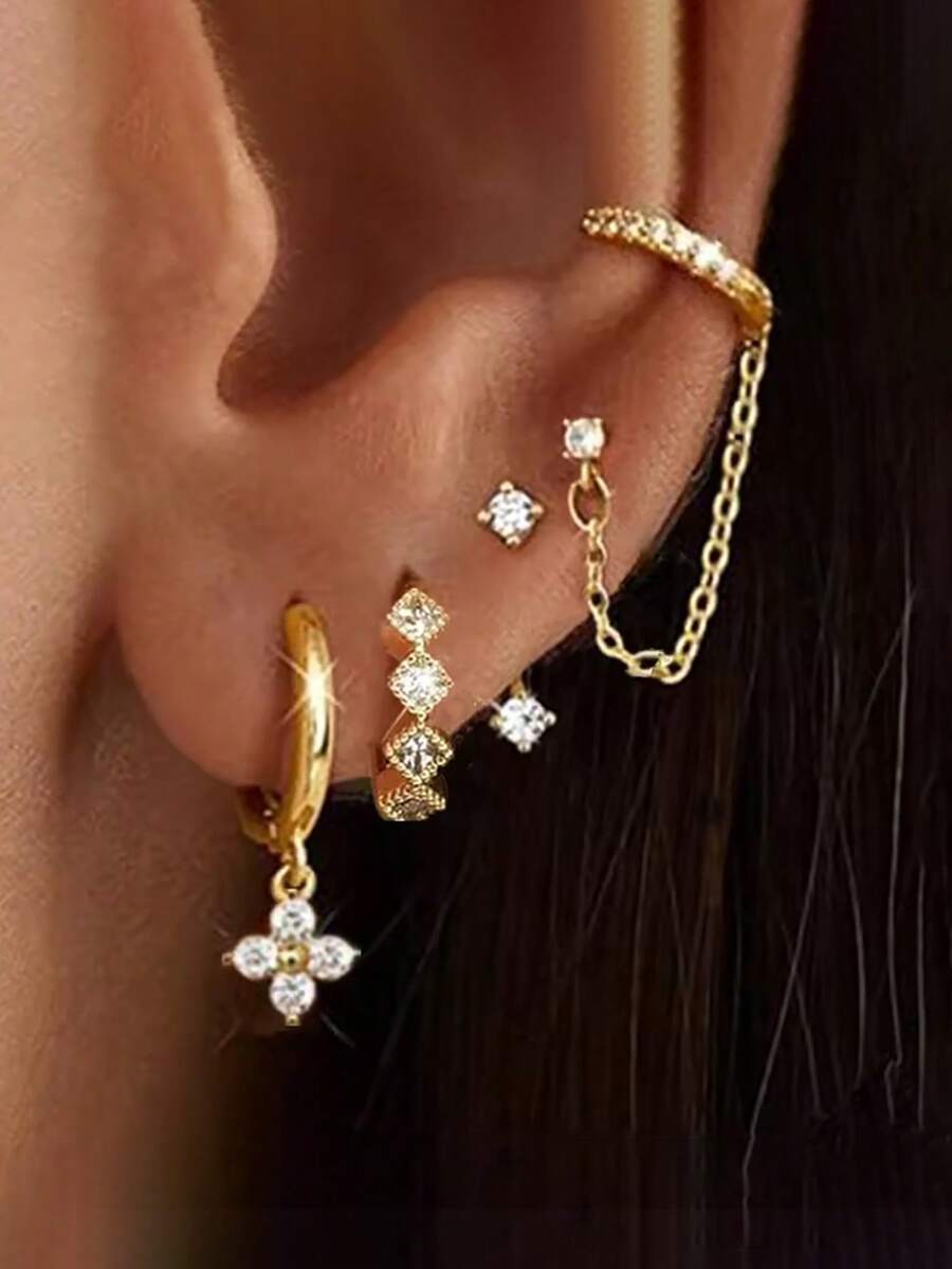 Bộ 4 khuyên tai hoa tinh tế dành cho nữ, mạ vàng 18K, thiết kế hình học đơn giản, đính đá Zirconia, dây tua rua, trang sức xỏ tai thời trang. - 3 chiếc màu vàng - Xem 1