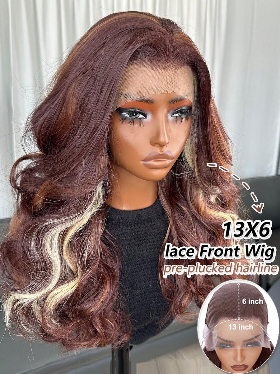 Tóc giả Kanekalon Futura màu nâu 13x6, dài 20 inch, kiểu sóng nhẹ, có highlight, mái rẽ ngôi, không cần keo dán, chất liệu tổng hợp bền chắc, độ dày 150%, có thể chia ngôi tự do, thích hợp sử dụng hàng ngày, dự tiệc, lễ hội, kỳ nghỉ, thân thiện với người mới bắt đầu, tóc giả ren trong suốt.