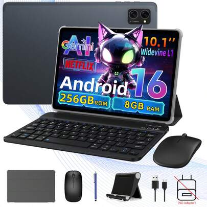 TABWEE 2025 最新款 Android 16 平板电脑，10.1 英寸 Incell 显示屏，（8GB+16GB 可扩展）GB 内存，256GB ROM/2TB TF 卡，Gemini AI，T606 八核处理器 + 8MP 摄像头，5000mAh 电池，支持 Widevine L1，二合一平板电脑，配备键盘、鼠标和手写笔（不含适配器）