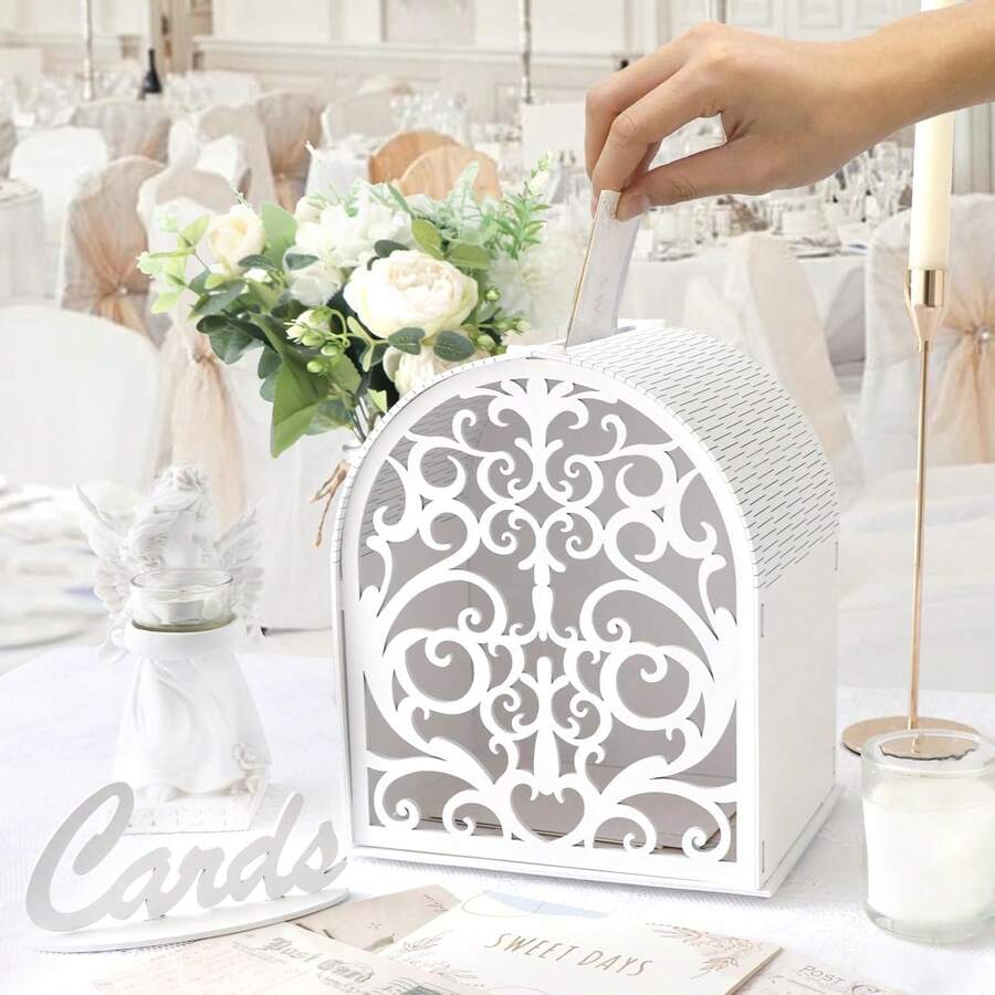 1 pieza Caja de tarjetas de boda, caja de regalo de diseño hueco único con cerradura y ranura para sobres, caja de madera hueca DIY para recepción de boda, aniversario, fiesta de cumpleaños - Blanco - Ver 1